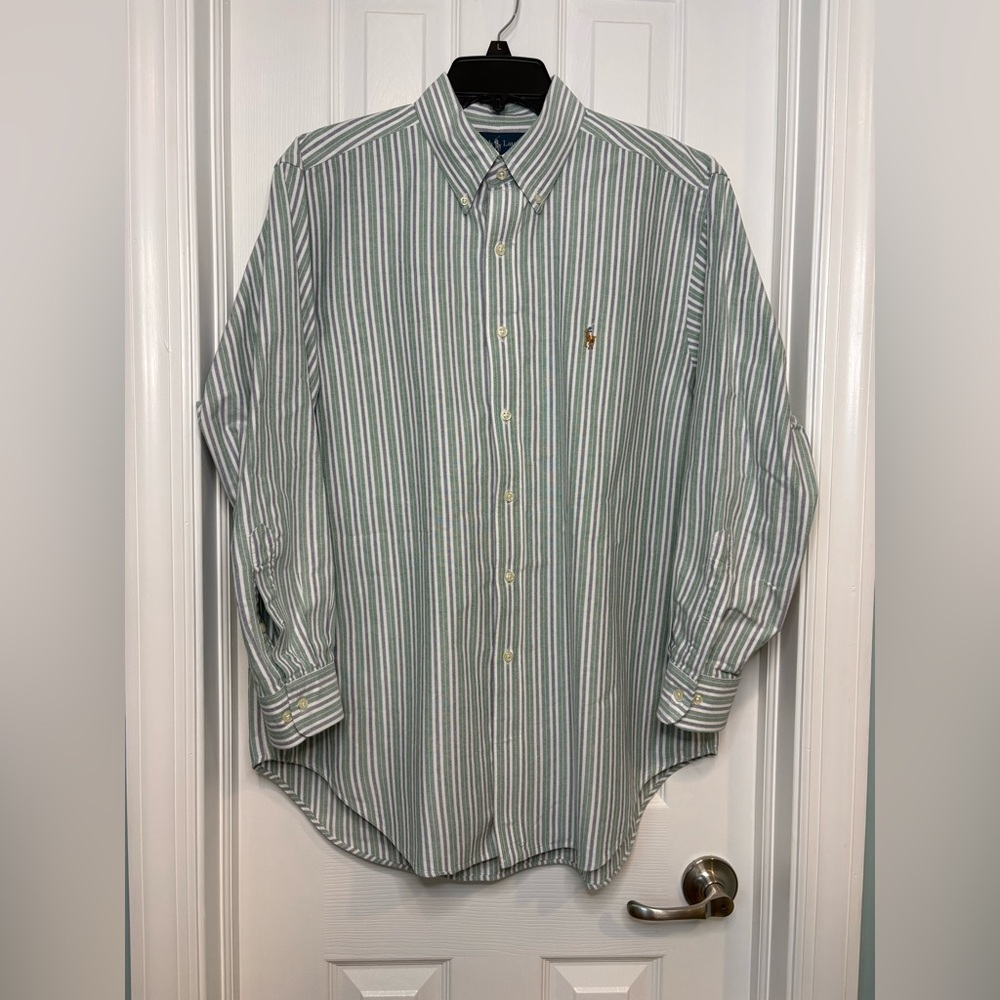 Ralph Lauren Classic Shirt Mens 17 32/33 Green Stripe Button Oxford Flesh Pony